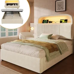 Redom Lit 90x200 cm en velours beige avec tête de lit réglable et rangement hydropneumatique au design contemporain* Lit Avec Rangement