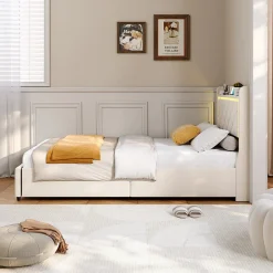 Lit 90x200 cm en velours beige avec tiroirs, rangement tête et lit à gaz, LED, ports USB/Type-C, design moderne et confortable>ProximaX Outlet