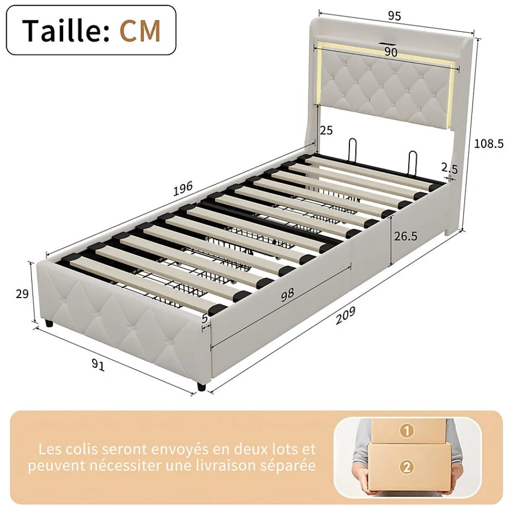 Lit 90x200 cm en velours beige avec tiroirs, rangement tête et lit à gaz, LED, ports USB/Type-C, design moderne et confortable>ProximaX Outlet