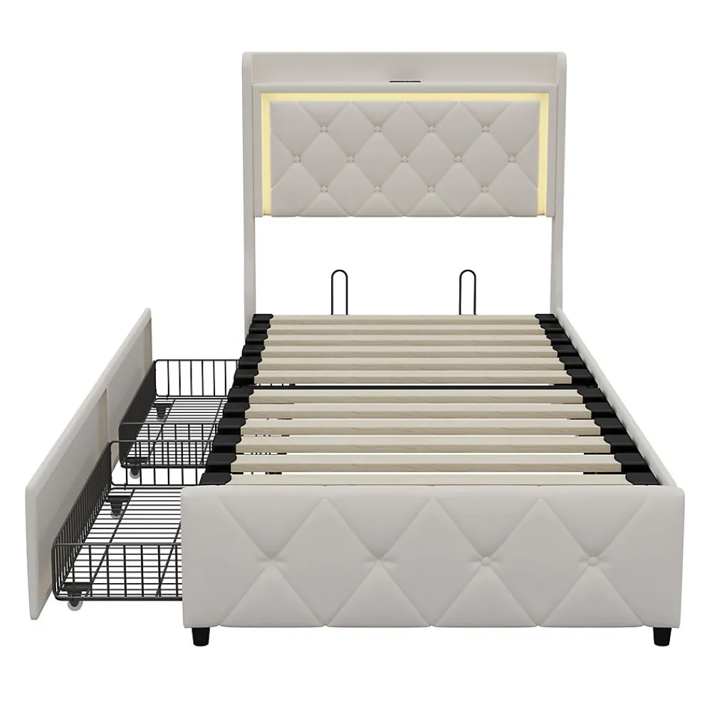 Lit 90x200 cm en velours beige avec tiroirs, rangement tête et lit à gaz, LED, ports USB/Type-C, design moderne et confortable>ProximaX Outlet