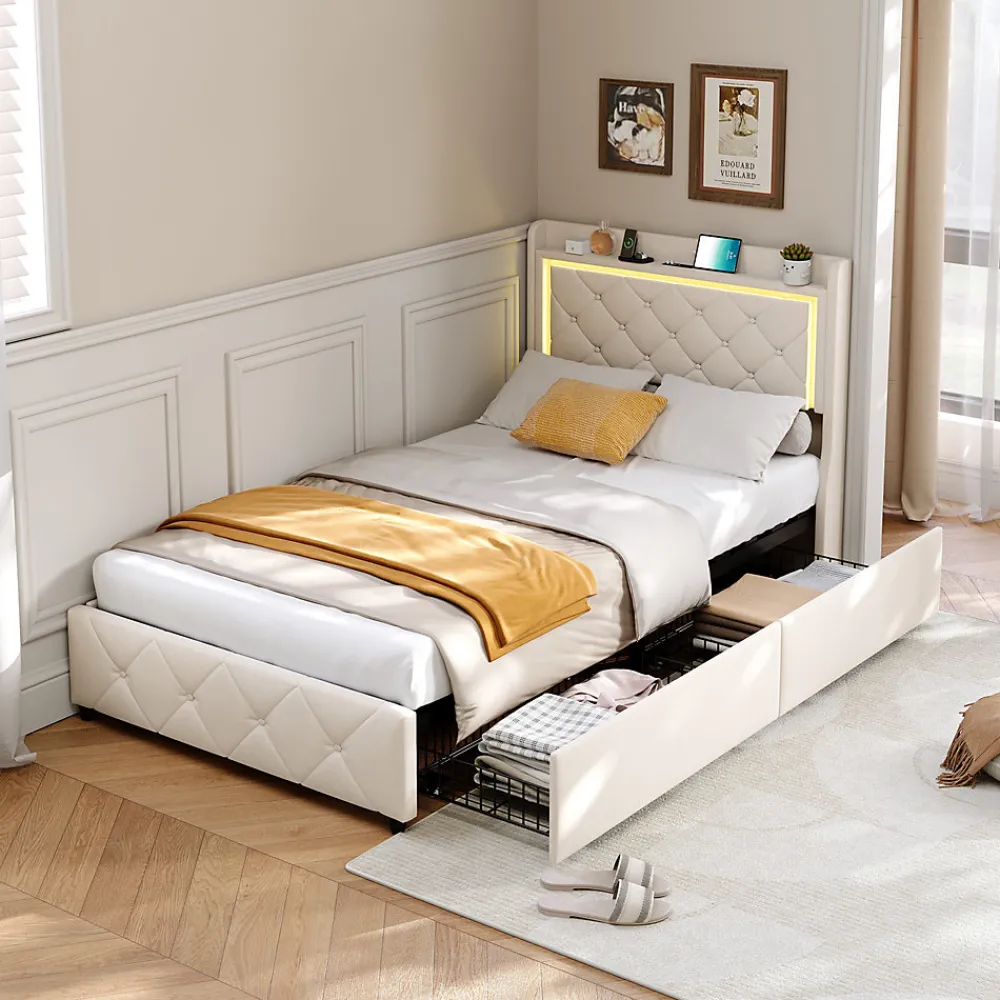 Lit 90x200 cm en velours beige avec tiroirs, rangement tête et lit à gaz, LED, ports USB/Type-C, design moderne et confortable>ProximaX Outlet
