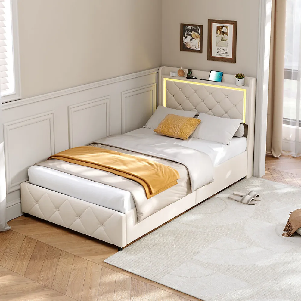 Lit 90x200 cm en velours beige avec tiroirs, rangement tête et lit à gaz, LED, ports USB/Type-C, design moderne et confortable>ProximaX Outlet