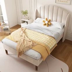 Lit 90x200 cm en velours beige avec tête de lit matelassée et sommier à lattes bois, design contemporain>Redom Sale
