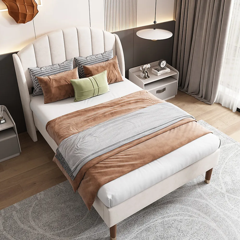 Lit 90x200 cm en velours beige avec tête de lit matelassée et sommier à lattes bois, design contemporain>Redom Sale