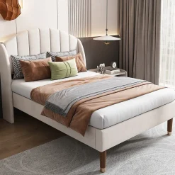 Lit 90x200 cm en velours beige avec tête de lit matelassée et sommier à lattes bois, design contemporain><noscript><img width=