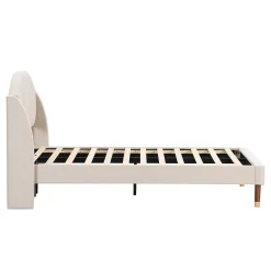 Lit 90x200 cm en velours beige avec tête de lit matelassée et sommier à lattes bois, design contemporain><noscript><img width=