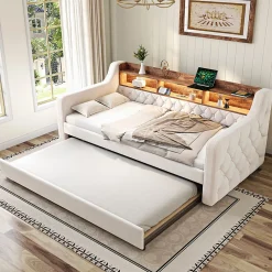 Lit 90x190 cm en velours beige avec rangement intégré, au design moderne et gain de place idéal pour studio>Redom