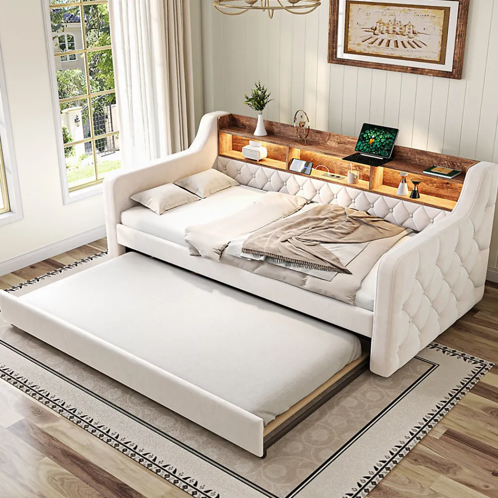 Lit 90x190 cm en velours beige avec rangement intégré, au design moderne et gain de place idéal pour studio>Redom