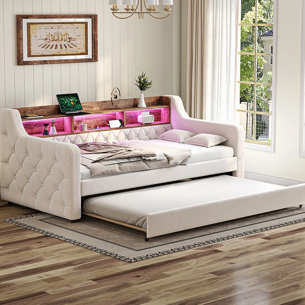 Lit 90x190 cm en velours beige avec rangement intégré, au design moderne et gain de place idéal pour studio>Redom
