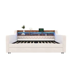 Lit 90x190 cm en velours beige avec rangement intégré, au design moderne et gain de place idéal pour studio><noscript><img width=