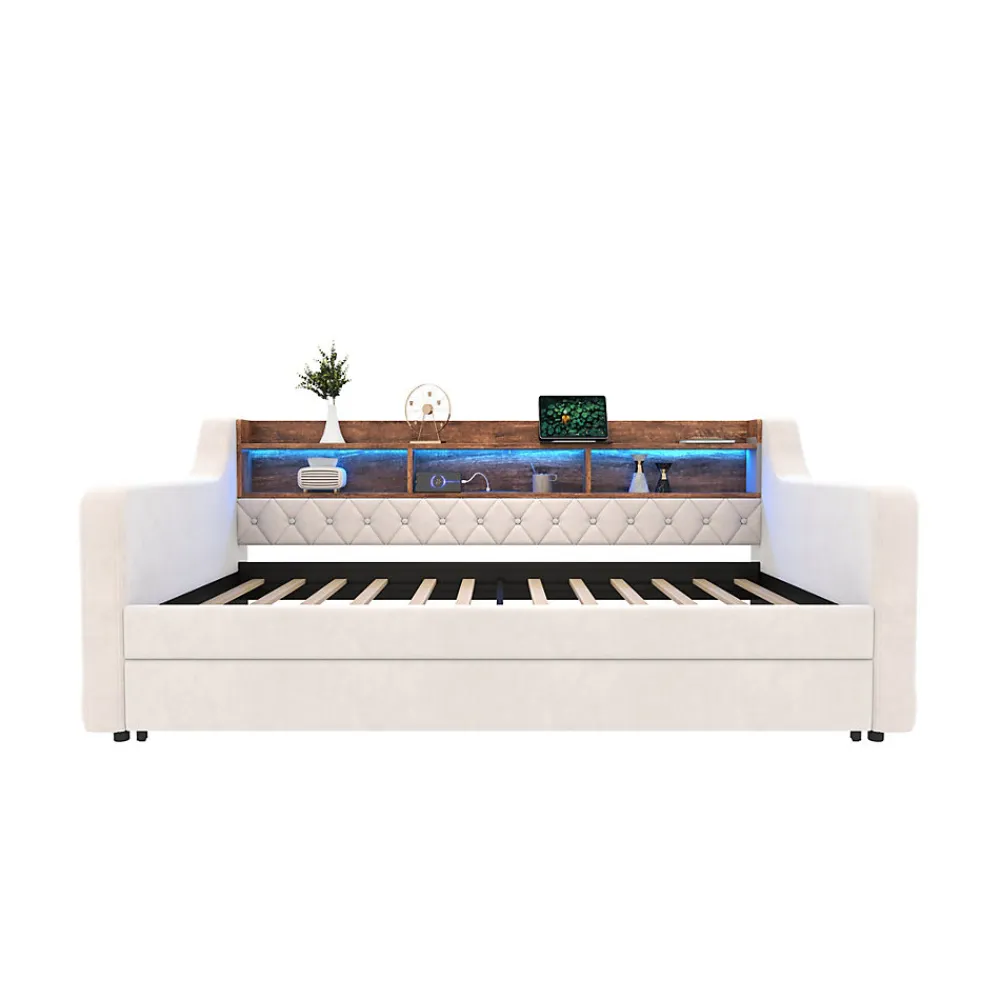 Lit 90x190 cm en velours beige avec rangement intégré, au design moderne et gain de place idéal pour studio>Redom