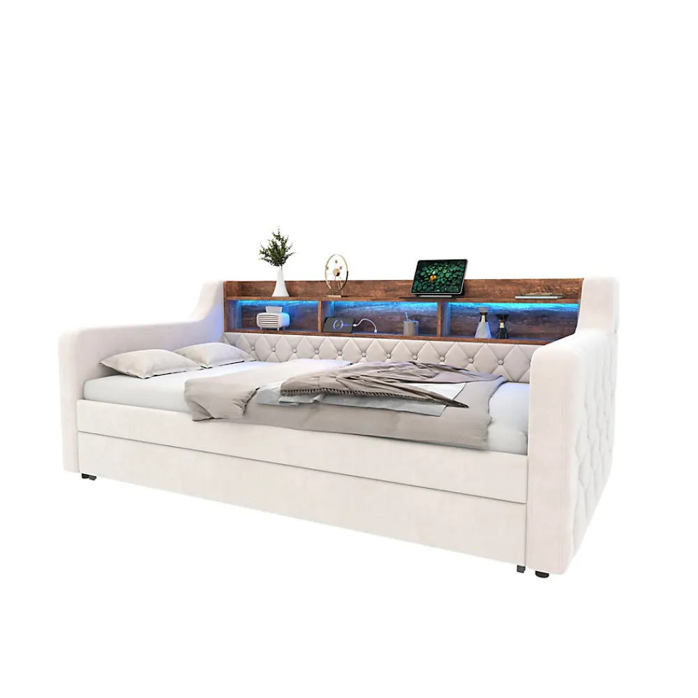 Lit 90x190 cm en velours beige avec rangement intégré, au design moderne et gain de place idéal pour studio>Redom