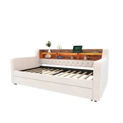 Lit 90x190 cm en velours beige avec rangement intégré, au design moderne et gain de place idéal pour studio><noscript><img width=
