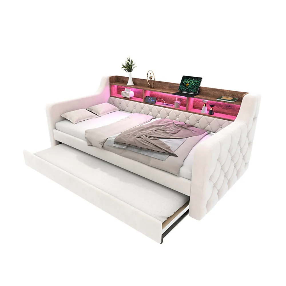 Lit 90x190 cm en velours beige avec rangement intégré, au design moderne et gain de place idéal pour studio>Redom