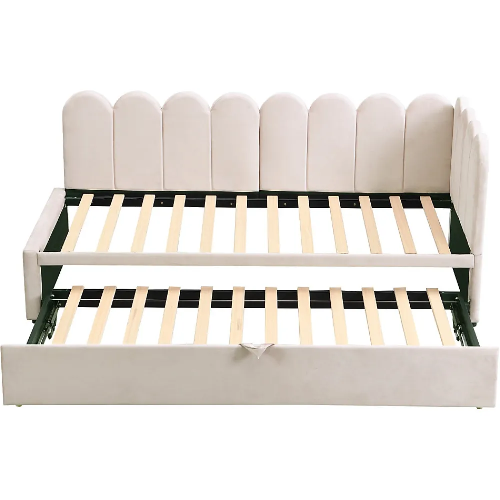 Lit 90x200 cm en velours beige, convertible en 180x200 cm, forme en L avec dossier rembourré>Redom Sale