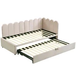 Lit 90x200 cm en velours beige, convertible en 180x200 cm, forme en L avec dossier rembourré><noscript><img width=