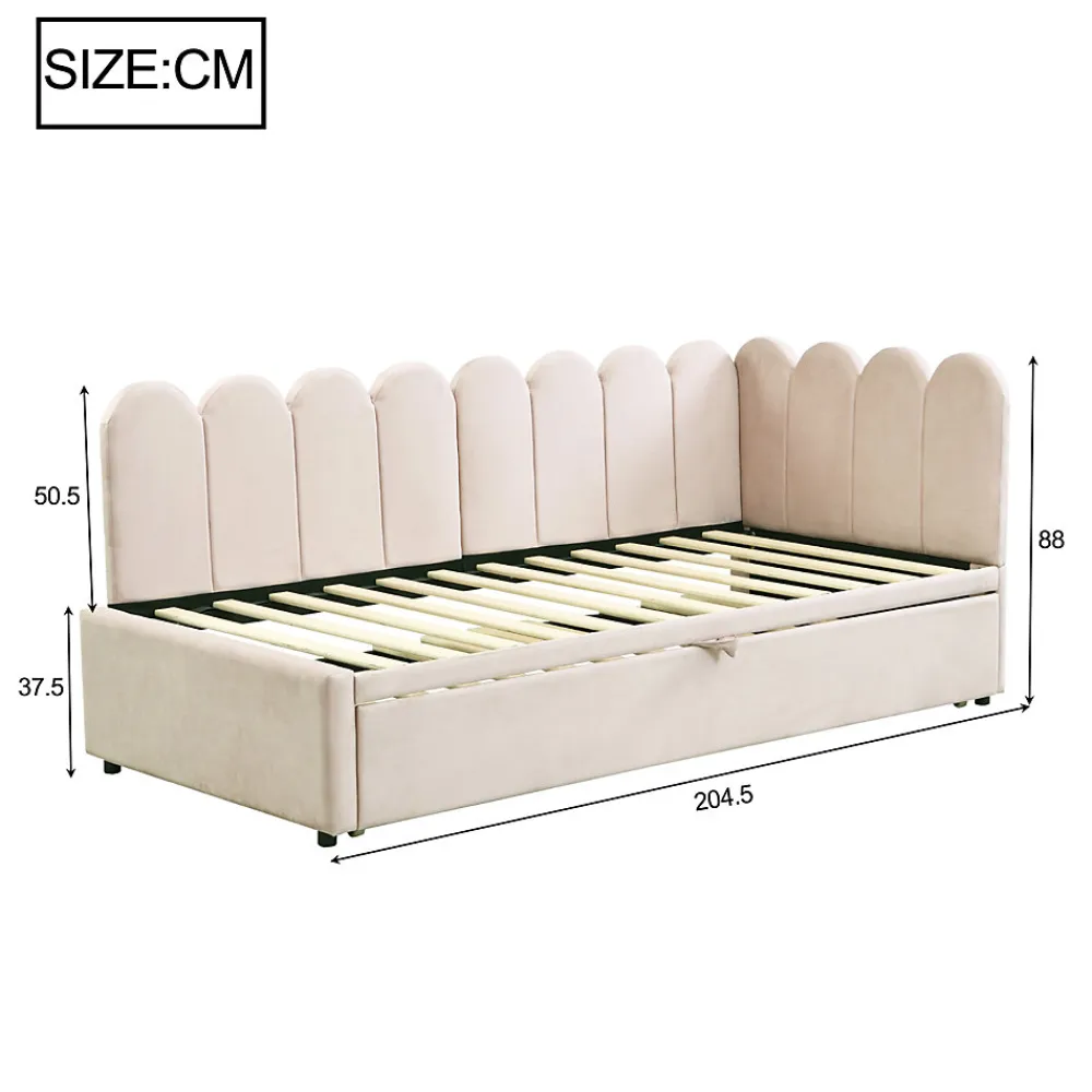 Lit 90x200 cm en velours beige, convertible en 180x200 cm, forme en L avec dossier rembourré>Redom Sale