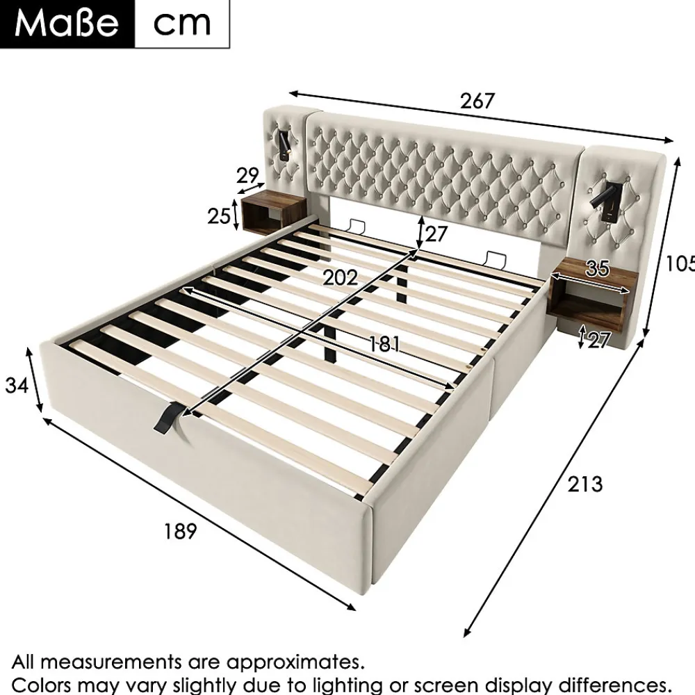 Lit 180x200 cm en velours beige, tête de lit rembourrée et rangement hydraulique avec tables de chevet>Redom Online