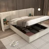 Redom Lit 160x200 cm en velours beige avec rangement hydraulique, 2 tables de chevet et prises USB* Lit Avec Rangement