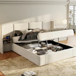 Redom Lit 160x200 cm en velours beige avec rangement hydraulique, 2 tables de chevet et prises USB* Lit Avec Rangement