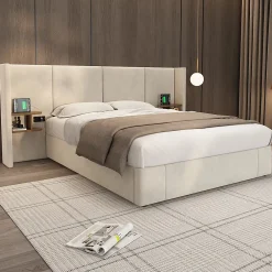 Redom Lit 160x200 cm en velours beige avec rangement hydraulique, 2 tables de chevet et prises USB* Lit Avec Rangement