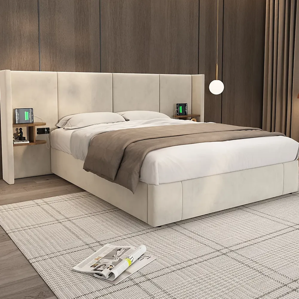 Redom Lit 160x200 cm en velours beige avec rangement hydraulique, 2 tables de chevet et prises USB* Lit Avec Rangement