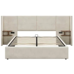 Redom Lit 160x200 cm en velours beige avec rangement hydraulique, 2 tables de chevet et prises USB* Lit Avec Rangement
