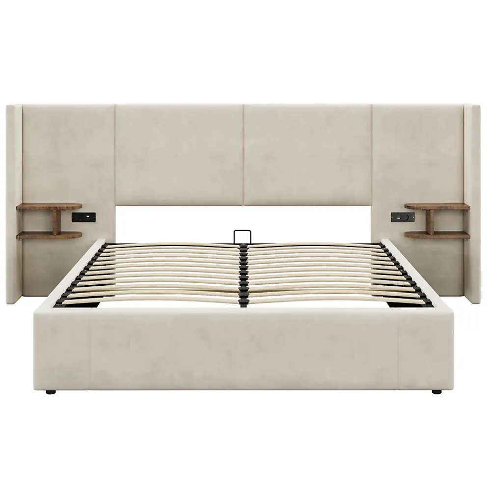 Redom Lit 160x200 cm en velours beige avec rangement hydraulique, 2 tables de chevet et prises USB* Lit Avec Rangement