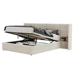 Redom Lit 160x200 cm en velours beige avec rangement hydraulique, 2 tables de chevet et prises USB* Lit Avec Rangement