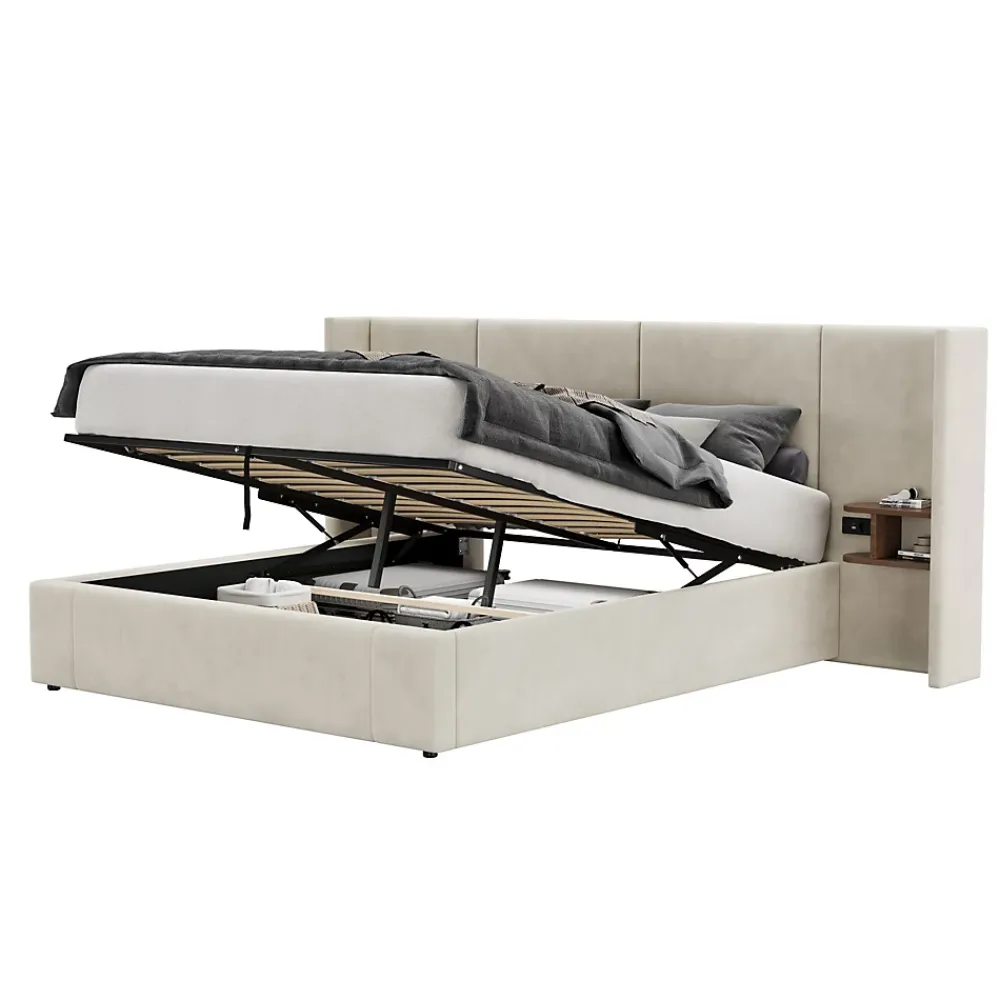 Redom Lit 160x200 cm en velours beige avec rangement hydraulique, 2 tables de chevet et prises USB* Lit Avec Rangement