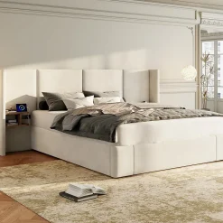 Redom Lit 160x200 cm en velours beige avec rangement hydraulique, 2 tables de chevet et prises USB* Lit Avec Rangement