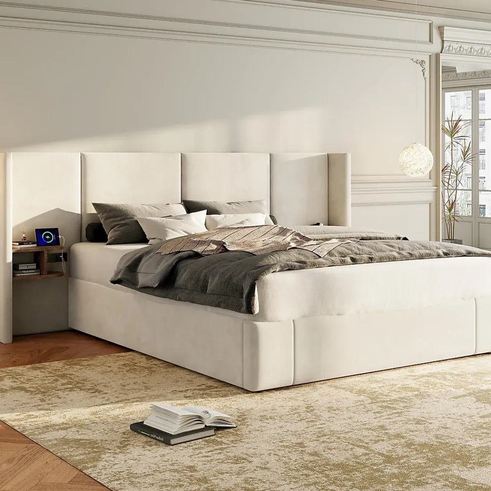 Redom Lit 160x200 cm en velours beige avec rangement hydraulique, 2 tables de chevet et prises USB* Lit Avec Rangement