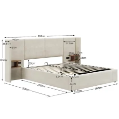 Redom Lit 160x200 cm en velours beige avec rangement hydraulique, 2 tables de chevet et prises USB* Lit Avec Rangement