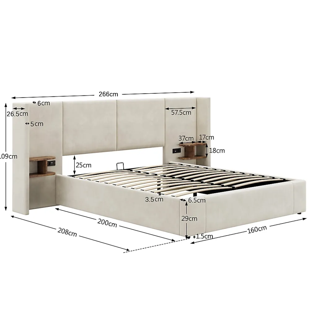Redom Lit 160x200 cm en velours beige avec rangement hydraulique, 2 tables de chevet et prises USB* Lit Avec Rangement