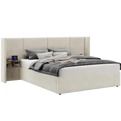 Redom Lit 160x200 cm en velours beige avec rangement hydraulique, 2 tables de chevet et prises USB* Lit Avec Rangement