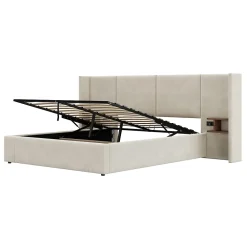 Redom Lit 160x200 cm en velours beige avec rangement hydraulique, 2 tables de chevet et prises USB* Lit Avec Rangement