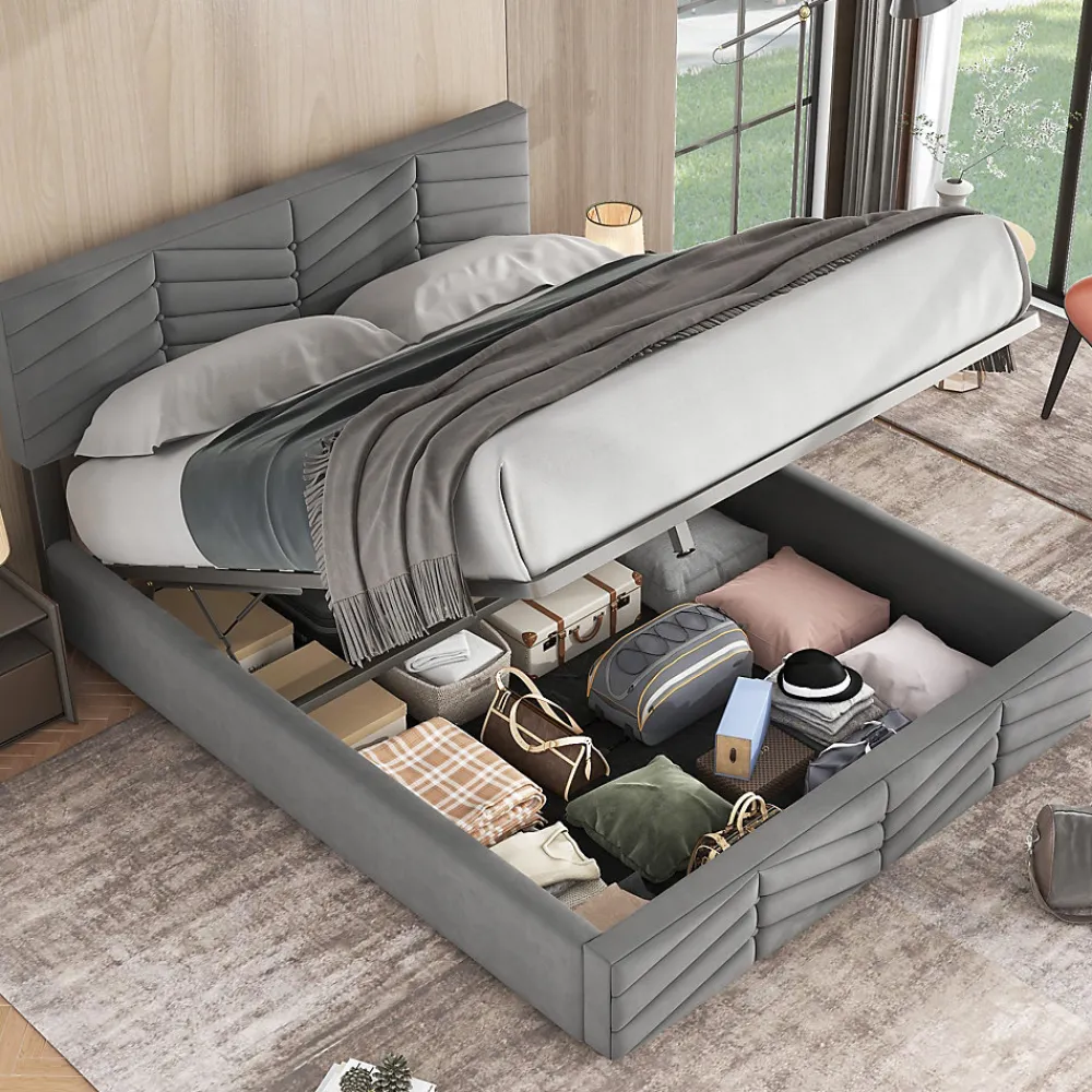 Lit 140x190 cm en velours gris avec rangement hydraulique, tête de lit réglable et finition rayée élégante>Redom