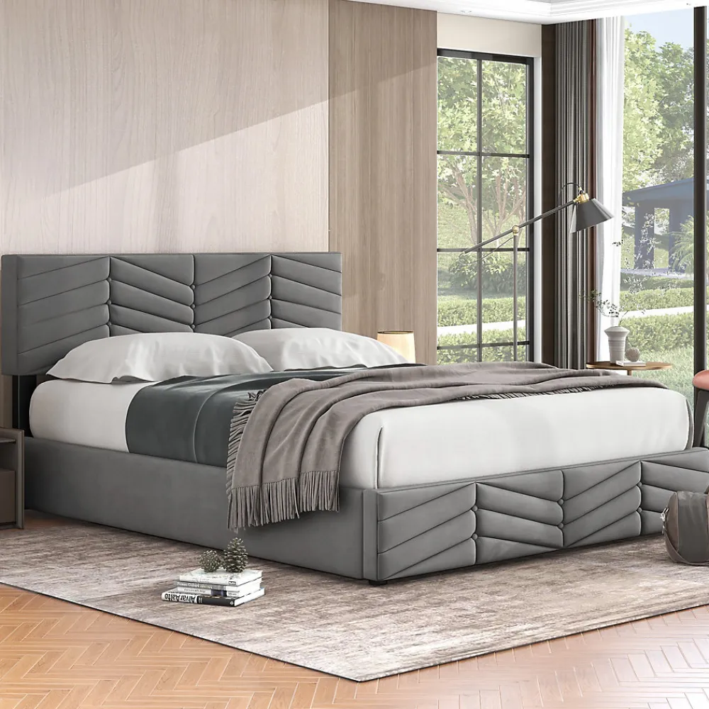 Lit 140x190 cm en velours gris avec rangement hydraulique, tête de lit réglable et finition rayée élégante>Redom