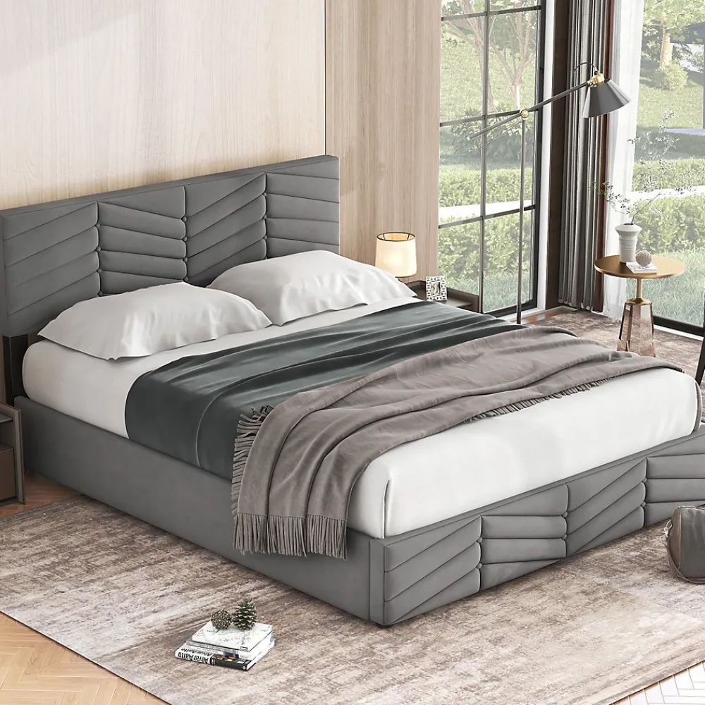 Lit 140x190 cm en velours gris avec rangement hydraulique, tête de lit réglable et finition rayée élégante>Redom