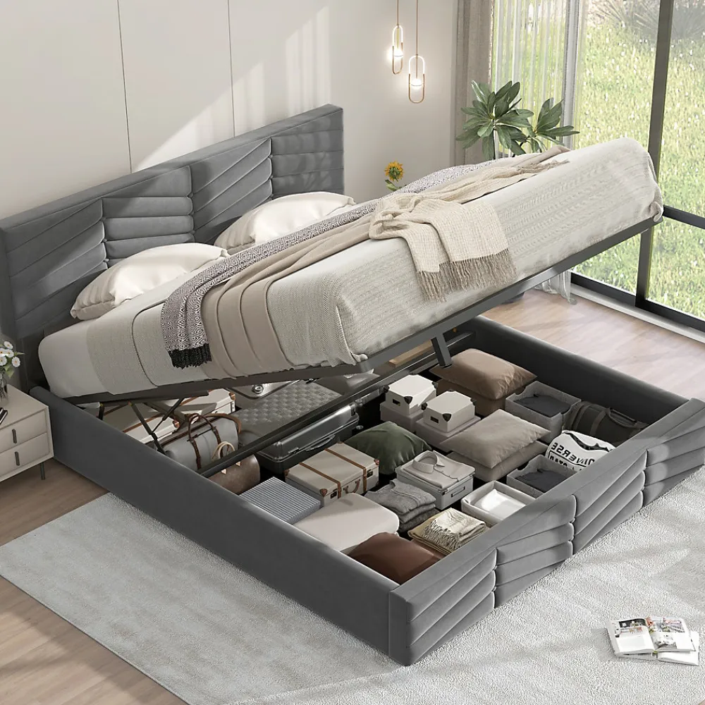 Lit 140x190 cm en velours gris avec rangement hydraulique, tête de lit réglable et finition rayée élégante>Redom