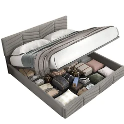 Lit 140x190 cm en velours gris avec rangement hydraulique, tête de lit réglable et finition rayée élégante><noscript><img width=