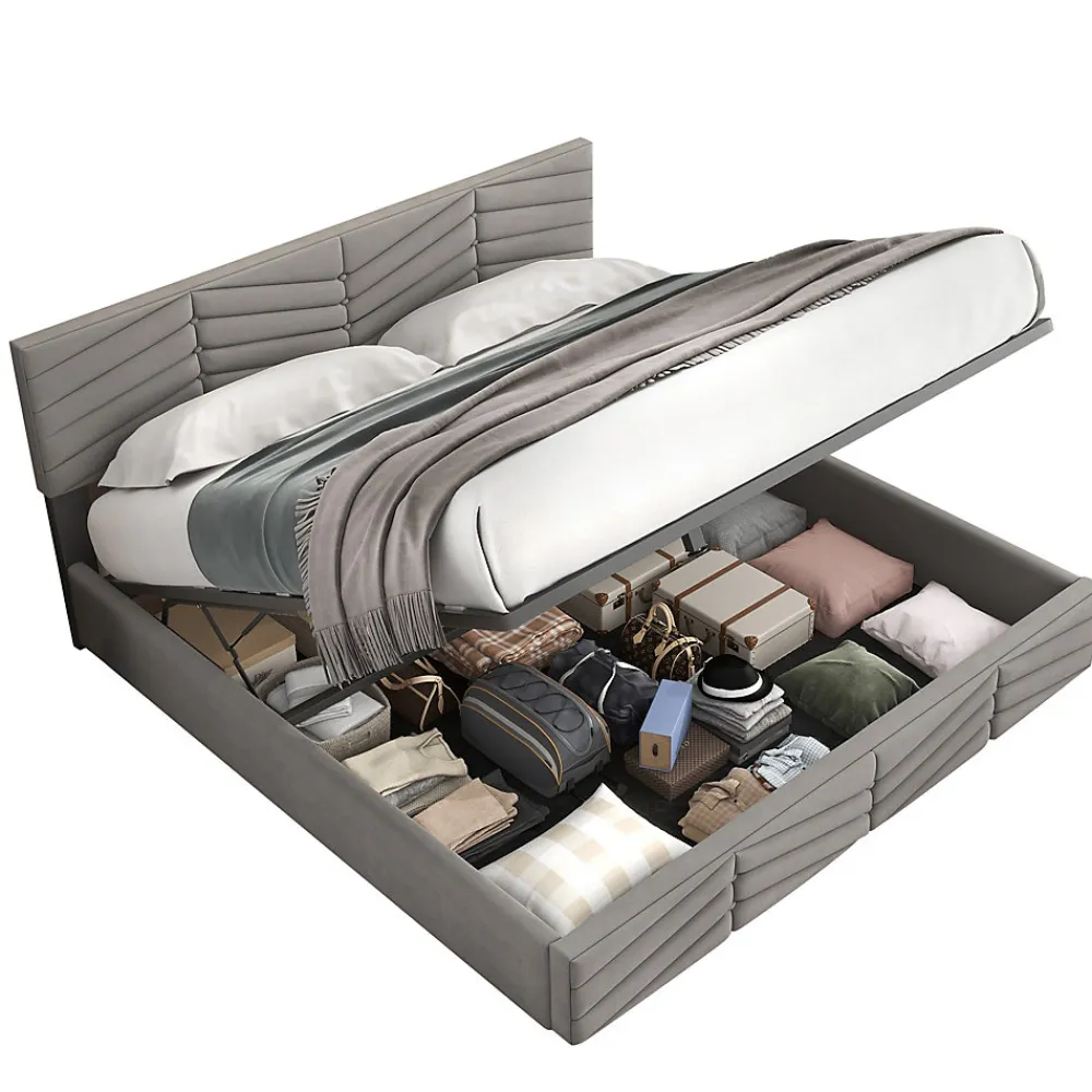 Lit 140x190 cm en velours gris avec rangement hydraulique, tête de lit réglable et finition rayée élégante>Redom