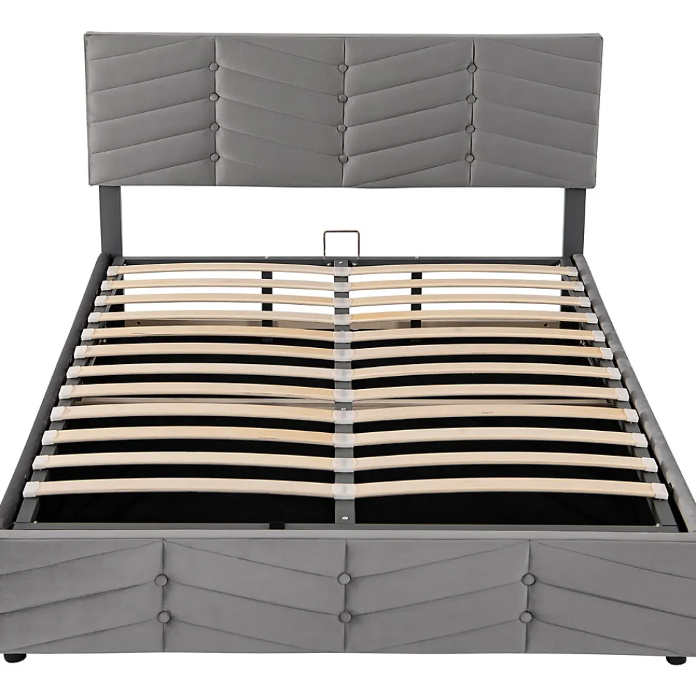 Lit 140x190 cm en velours gris avec rangement hydraulique, tête de lit réglable et finition rayée élégante>Redom