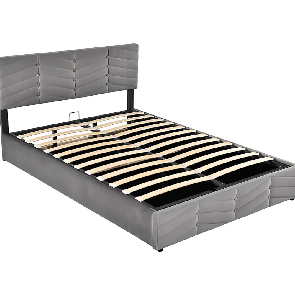 Lit 140x190 cm en velours gris avec rangement hydraulique, tête de lit réglable et finition rayée élégante>Redom