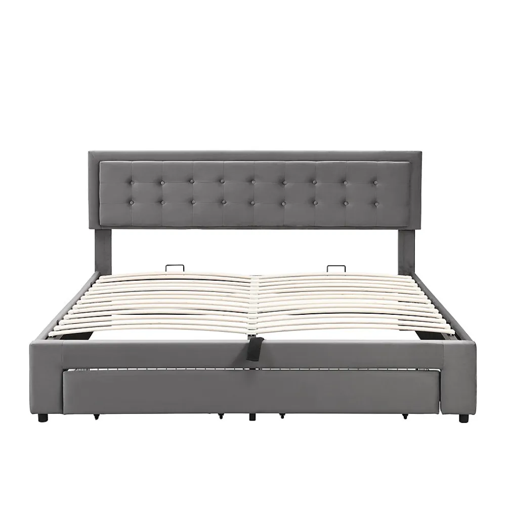 Lit 180x200 cm en velours gris avec grand coffre de rangement et tête de lit réglable, style européen élégant>Redom Sale