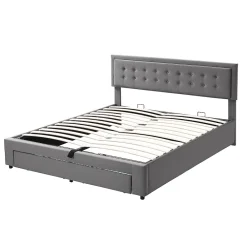 Lit 180x200 cm en velours gris avec grand coffre de rangement et tête de lit réglable, style européen élégant><noscript><img width=