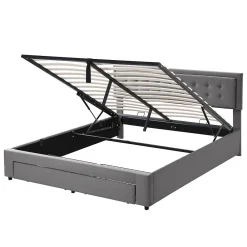 Lit 180x200 cm en velours gris avec grand coffre de rangement et tête de lit réglable, style européen élégant><noscript><img width=