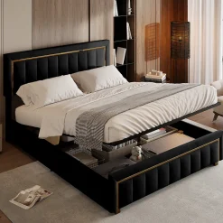 Lit 140x200 cm en velours noir à rayures verticales avec bordure dorée, Design élégant et moderne pour chambre adulte ou ado>ProximaX Outlet