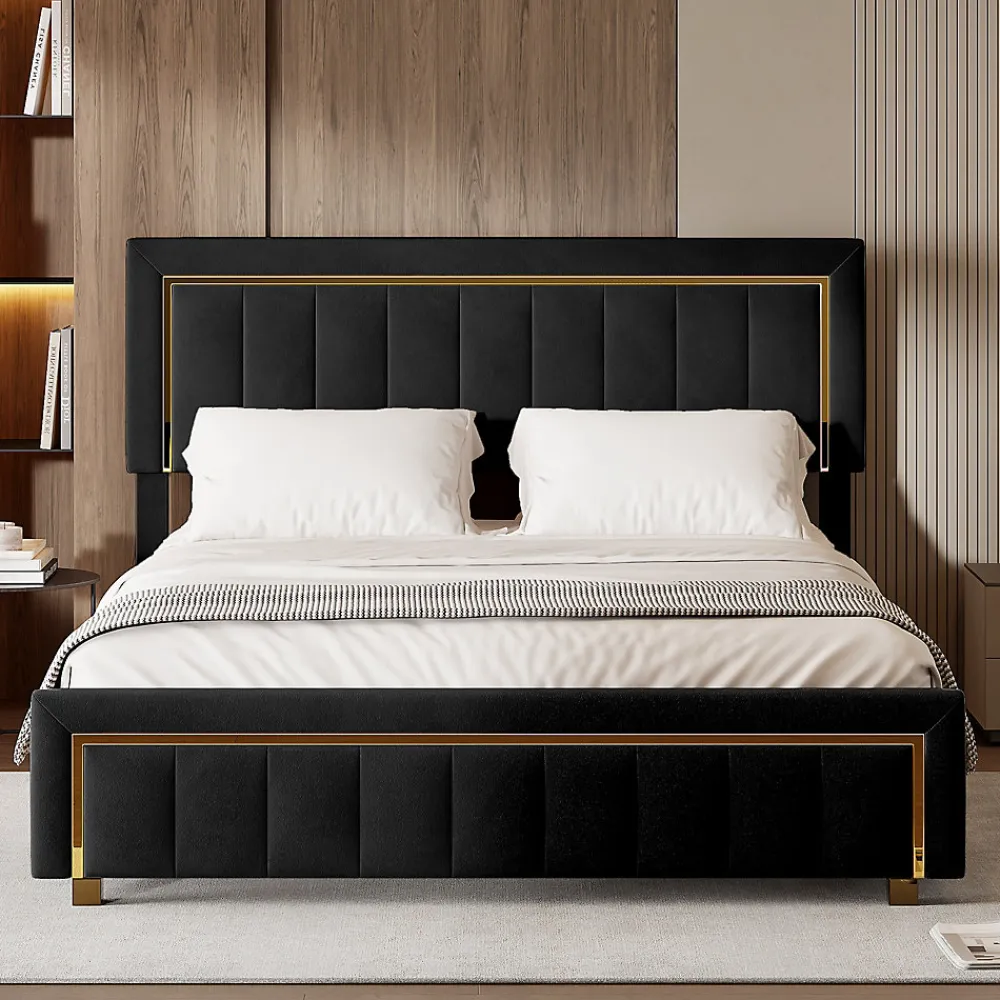 Lit 140x200 cm en velours noir à rayures verticales avec bordure dorée, Design élégant et moderne pour chambre adulte ou ado>ProximaX Outlet