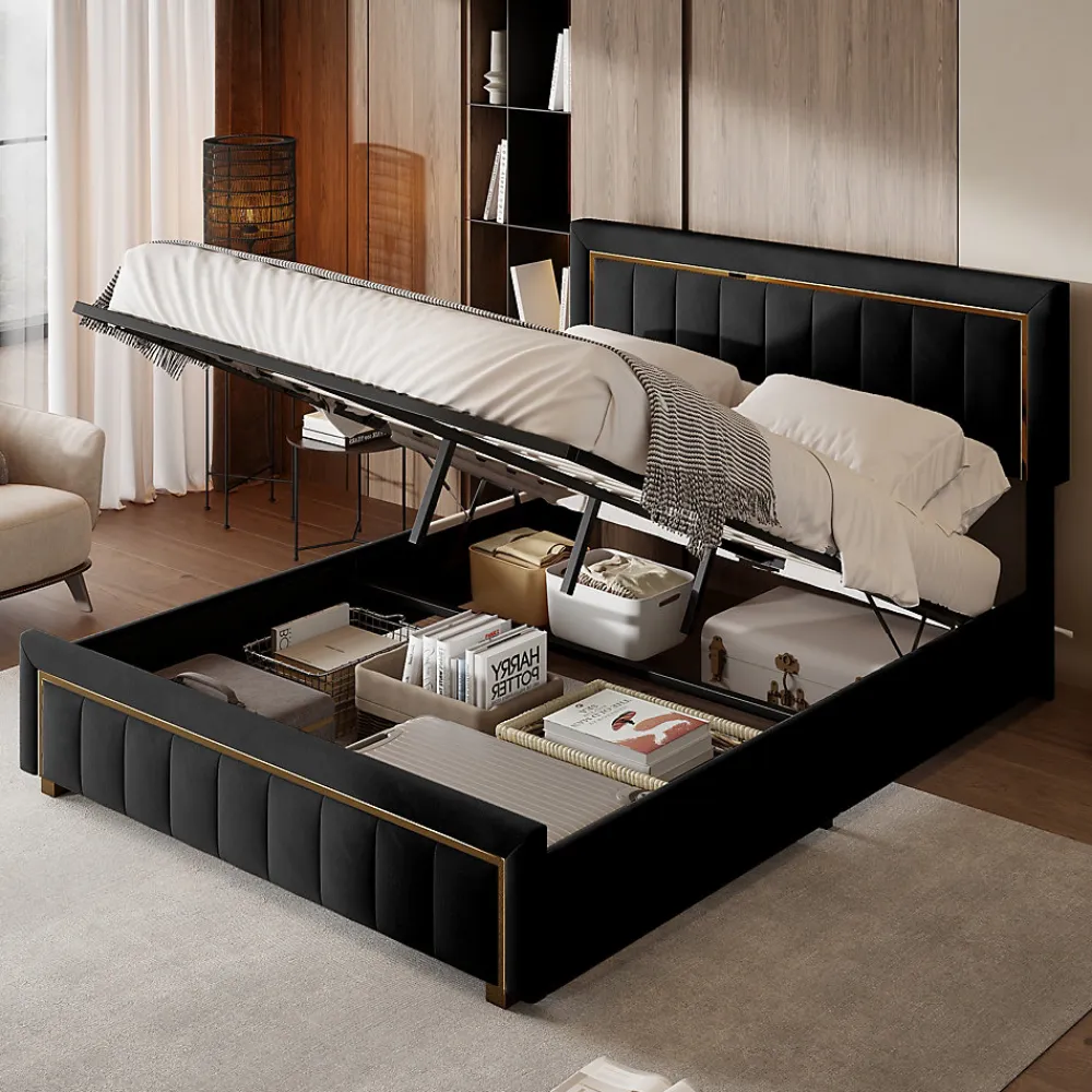 Lit 140x200 cm en velours noir à rayures verticales avec bordure dorée, Design élégant et moderne pour chambre adulte ou ado>ProximaX Outlet